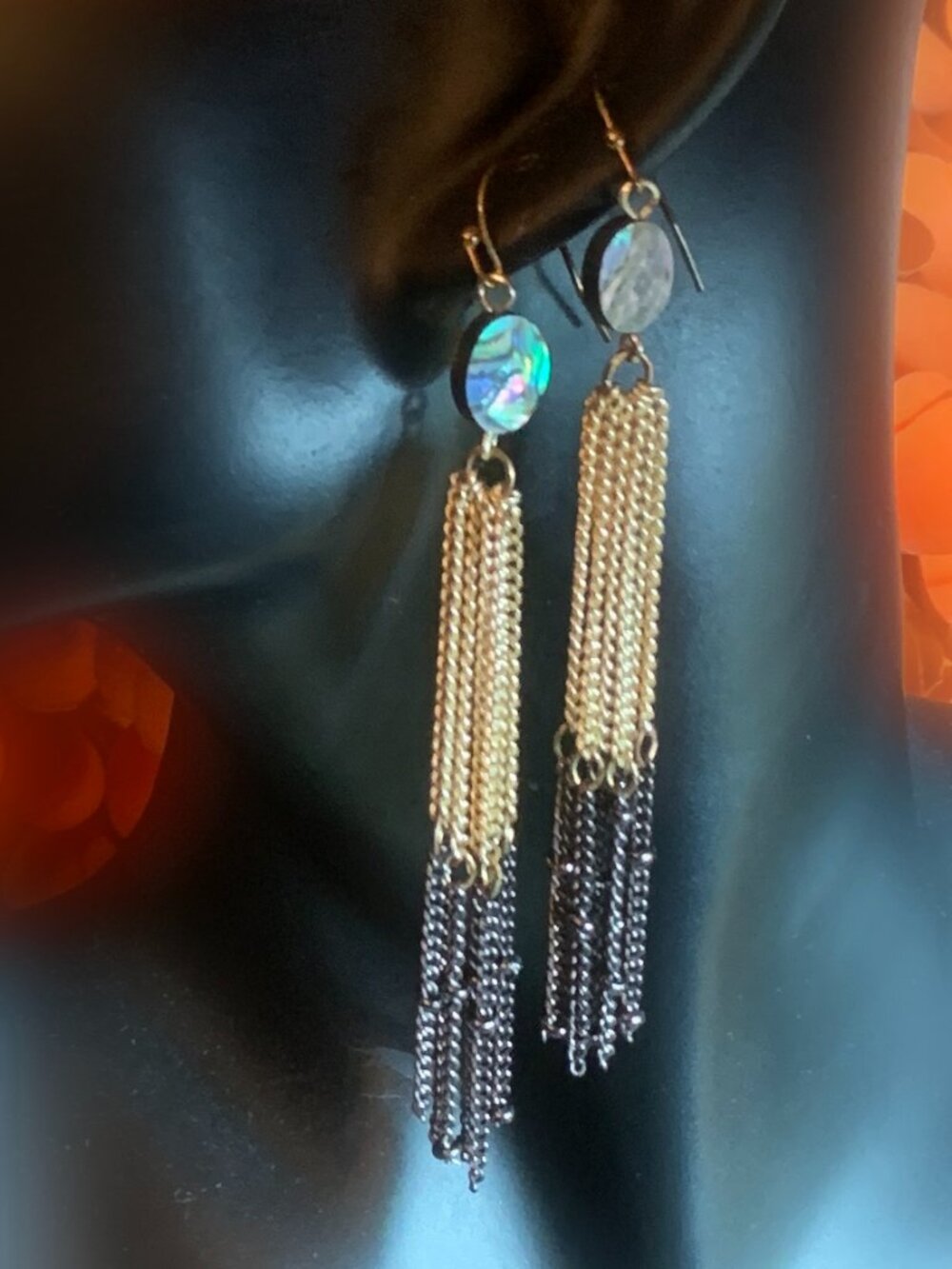 Long Multichain and Abalone Shell Earrings